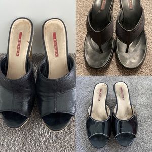 3 PRADA BLACK Sandals Platform Flip Flops Sz 36.5